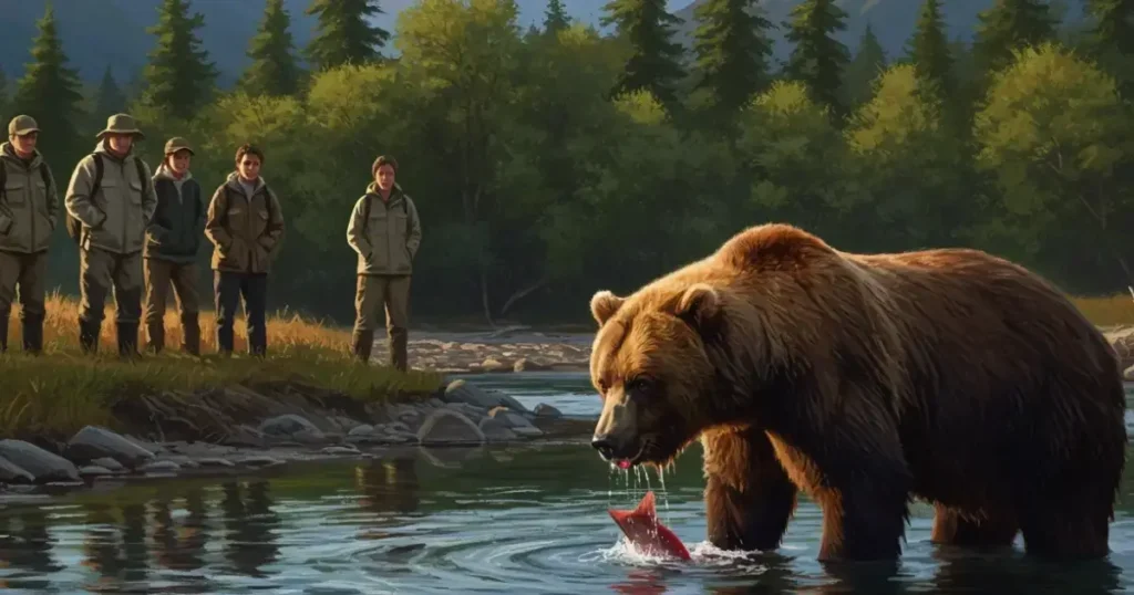 Ilustratie unde oamenii se uita la un urs cum mananca peste direct din rau