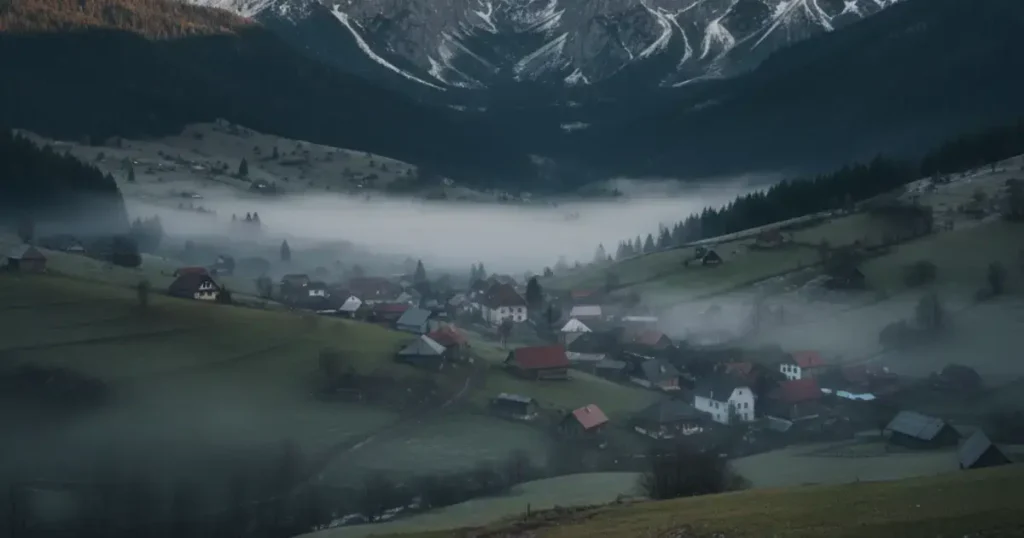 Satul Magura in ceata si in umbra muntilor